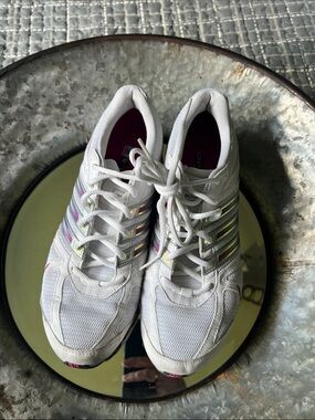 adidas White Women's Athletic Sneakers with Iridescent Stripe Accents